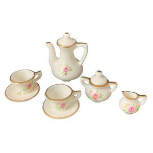 Miniature Tea Set Dollhouse Porcelain Teapot Cup & Saucers Cream Sugar